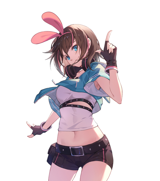 Anime picture 1190x1350 with virtual youtuber a.i. channel kizuna ai kizuna ai (a.i. games) nian (zhanian) single tall image looking at viewer fringe short hair blue eyes smile hair between eyes brown hair standing multicolored hair wide sleeves open jacket two-tone hair short sleeves