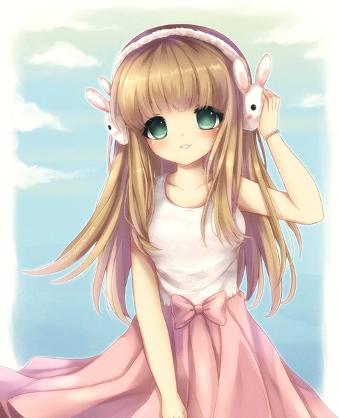 Anime picture 1280x1576 with midna01 single long hair tall image looking at viewer blush fringe brown hair green eyes light smile sleeveless girl dress earmuffs