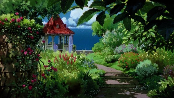Anime picture 1280x720 with porco rosso studio ghibli kazuo oga wide image sky cloud (clouds) scan official art no people landscape flower (flowers) plant (plants) water grass stairs roof