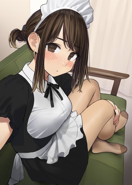 Anime picture 1287x1800 with ganbare douki-chan douki-chan (douki-chan) yomu (sgt epper) single tall image looking at viewer blush fringe short hair breasts brown hair sitting brown eyes payot indoors looking back maid alternate costume no shoes crossed legs