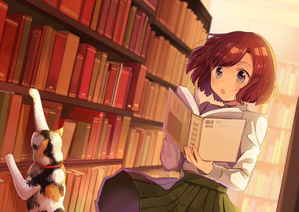 Anime picture 1402x1000 with original shigure ui single short hair brown hair holding looking away indoors parted lips pleated skirt fingernails blurry :o grey eyes depth of field floating hair surprised skirt flip girl skirt