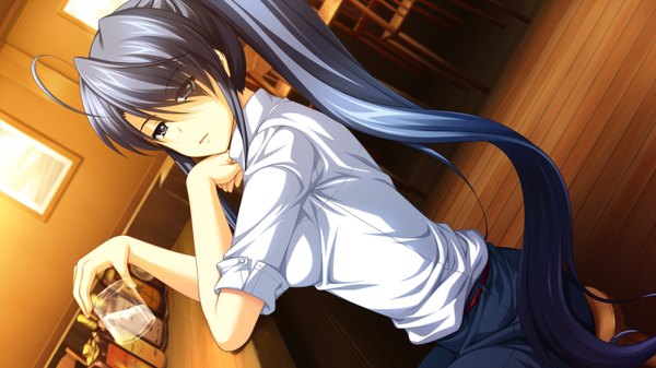 Anime picture 1600x900 with artemis blue long hair black hair wide image game cg ponytail black eyes girl