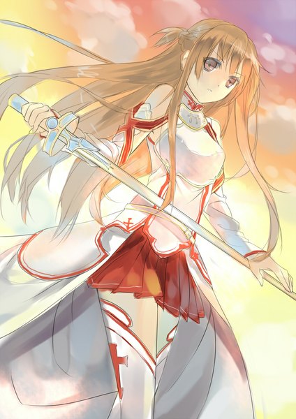 Anime picture 707x1000 with sword art online a-1 pictures yuuki asuna shinta hoshi-to long hair tall image looking at viewer brown hair bare shoulders brown eyes sky cloud (clouds) pleated skirt from below evening sunset girl thighhighs skirt weapon