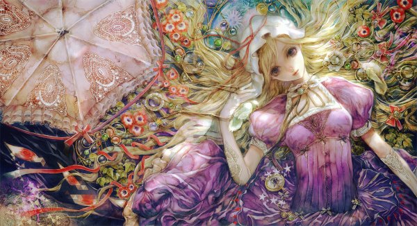 Anime picture 1200x652 with touhou yakumo yukari yogisya single long hair looking at viewer blonde hair smile wide image brown eyes wavy hair girl dress gloves flower (flowers) hat animal elbow gloves bird (birds) umbrella