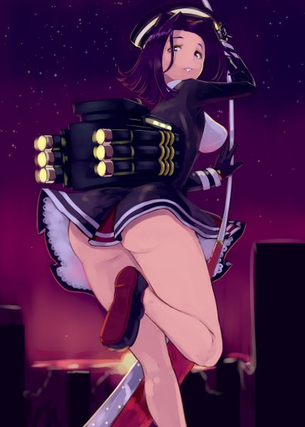 Anime picture 893x1253 with kantai collection tatsuta light cruiser awa (3anco00) single tall image looking at viewer short hair breasts open mouth light erotic large breasts purple eyes purple hair ass looking back sunlight night night sky back city