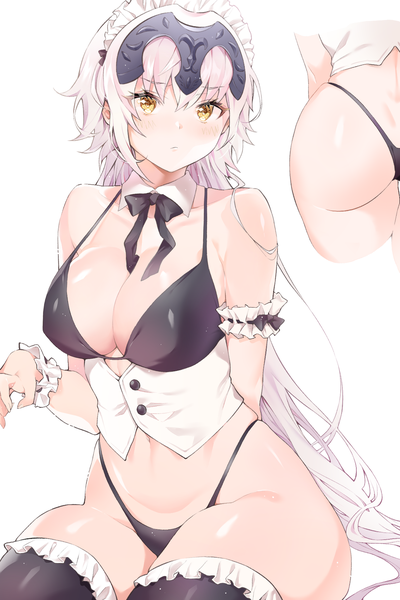 Anime picture 1200x1800 with fate (series) fate/grand order jeanne d'arc (fate) (all) jeanne d'arc alter (fate) cpqm tall image looking at viewer blush fringe breasts light erotic simple background hair between eyes large breasts white background sitting bare shoulders yellow eyes payot cleavage