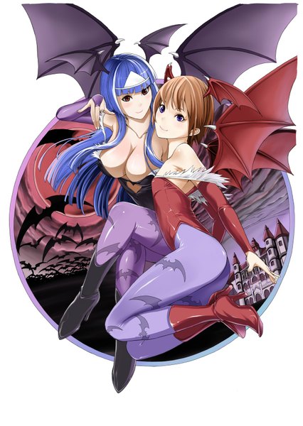 Anime picture 1200x1688 with quiz magic academy vampire / darkstalkers (game) capcom satsuki (quiz magic academy) yuu (quiz magic academy) hakaba (dairiseki) long hair tall image looking at viewer blush short hair breasts light erotic smile brown hair large breasts purple eyes multiple girls brown eyes blue hair