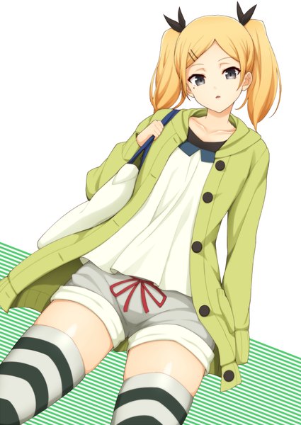 Anime picture 716x1011 with shirobako p.a. works yano erika jampen single tall image looking at viewer short hair twintails mole open jacket from below grey eyes zettai ryouiki short twintails girl thighhighs jacket shorts short shorts