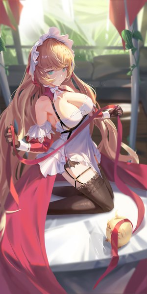 Anime picture 1100x2200 with azur lane manjuu (azur lane) howe (azur lane) howe (pastry princess) (azur lane) dongfangzhong111 single long hair tall image looking at viewer fringe breasts light erotic blonde hair large breasts bare shoulders holding cleavage bent knee (knees) blunt bangs aqua eyes