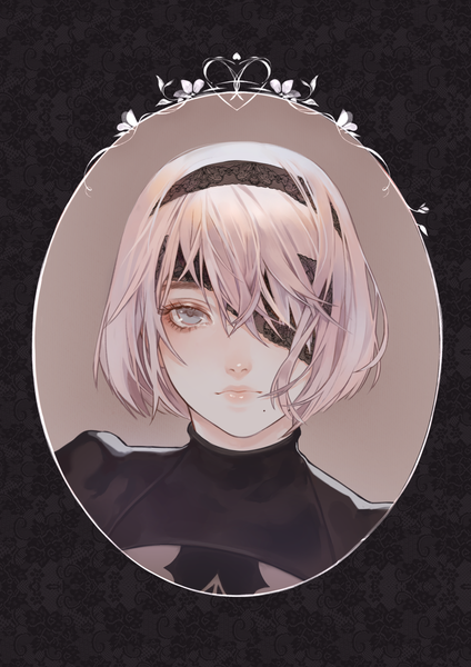 Anime picture 1000x1414 with nier nier:automata yorha no. 2 type b fuwaffy single tall image looking at viewer short hair blue eyes silver hair lips mole portrait mole under mouth animal print butterfly print girl hairband eyepatch lace