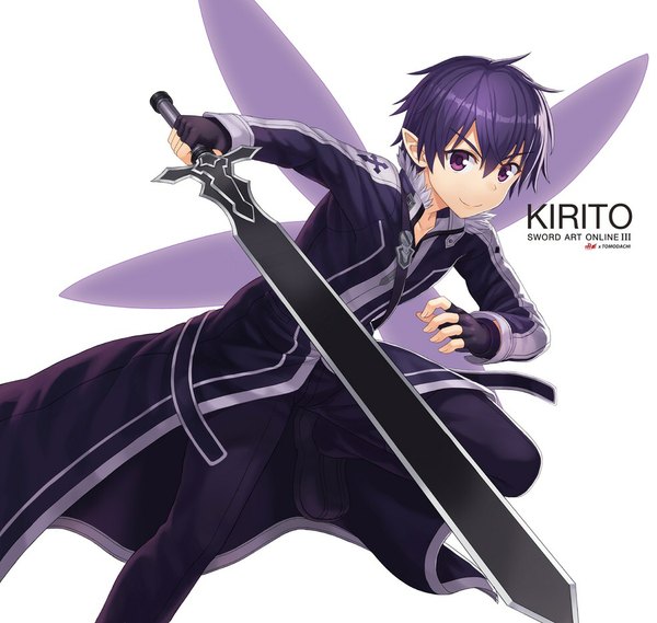 Anime picture 986x936 with sword art online a-1 pictures kirigaya kazuto npcpepper single looking at viewer short hair black hair simple background smile white background purple eyes light smile pointy ears copyright name character names fighting stance boy gloves weapon