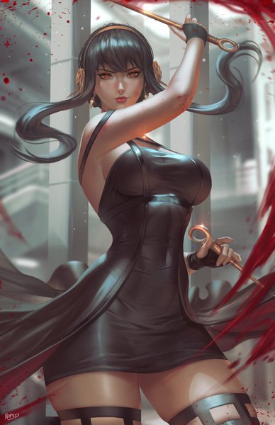 Anime picture 3300x5100 with spy x family yor briar nopeys single long hair tall image looking at viewer fringe highres breasts light erotic black hair red eyes large breasts standing holding signed absurdres arm up lips