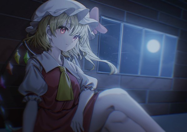 Anime picture 2048x1448 with touhou flandre scarlet wanko sora single highres short hair blonde hair red eyes sitting looking away one side up girl hat wings window moon bonnet full moon ascot