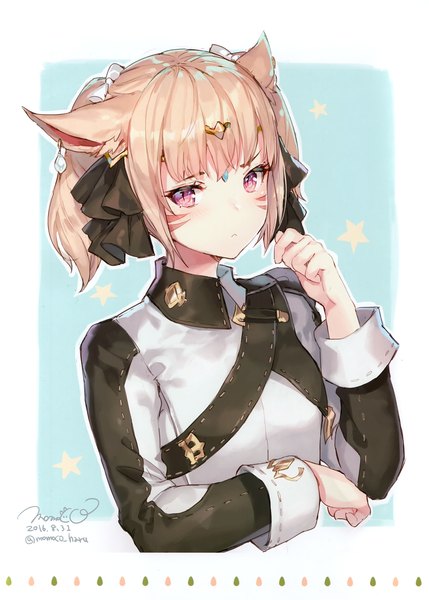 Anime picture 2111x2952 with final fantasy final fantasy xiv square enix miqo'te momoko (momopoco) single tall image looking at viewer fringe highres short hair simple background blonde hair twintails signed animal ears payot upper body pink eyes cat ears