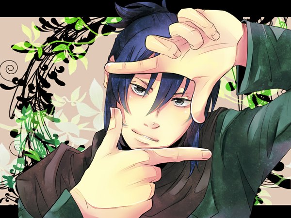 Anime picture 1024x768 with no.6 studio bones nezumi (no.6) single fringe short hair blue hair black eyes boy plant (plants) scarf leaf (leaves)