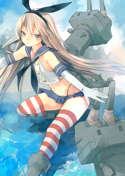 Anime picture 1000x1412 with kantai collection shimakaze destroyer rensouhou-chan asuna (i luv) long hair tall image looking at viewer blonde hair grey eyes zettai ryouiki :3 girl thighhighs skirt gloves navel hair ornament underwear panties ribbon (ribbons)