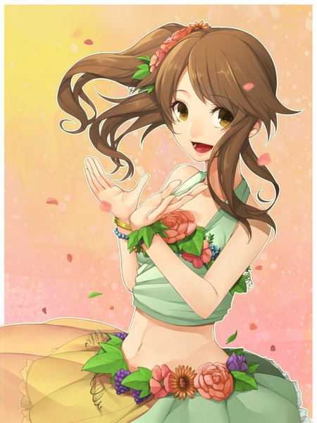 Anime picture 800x1066 with idolmaster takamori aiko hitoto single long hair tall image fringe open mouth smile brown hair bare shoulders brown eyes ponytail hair flower wind bare belly side ponytail girl skirt hair ornament