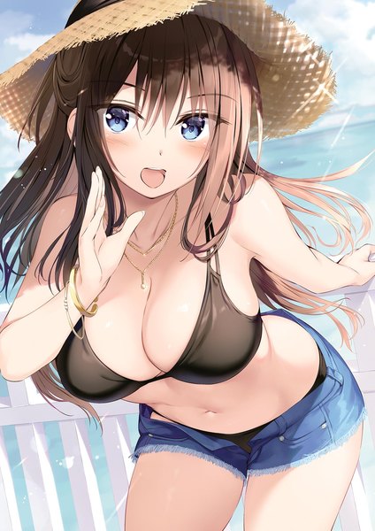 Anime picture 1448x2048 with boku no kanojo sensei fujiki maka oryou single long hair tall image looking at viewer blush fringe breasts open mouth blue eyes light erotic hair between eyes brown hair large breasts standing sky outdoors head tilt