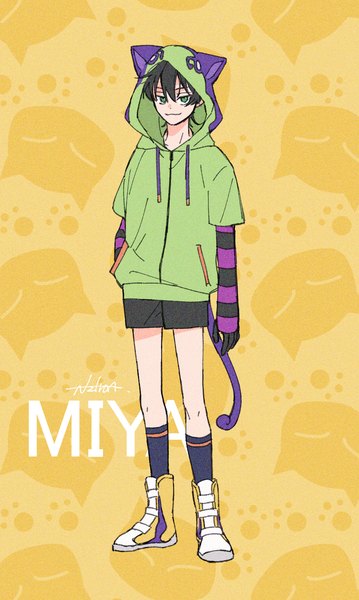 Anime picture 1001x1671 with sk8 the infinity studio bones chinen miya nazutaro single tall image looking at viewer fringe short hair black hair hair between eyes standing full body tail animal tail aqua eyes cat tail character names hand on hip yellow background