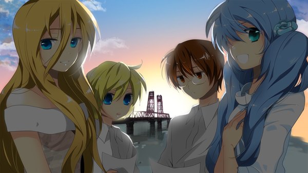 Anime picture 1000x563 with vocaloid hatsune miku kagamine len lily (vocaloid) marirero a long hair looking at viewer short hair blue eyes blonde hair smile red eyes brown hair wide image twintails multiple girls blue hair multiple boys girl boy