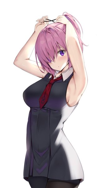 Anime picture 640x1134 with fate (series) fate/grand order mash kyrielight kanikou single tall image looking at viewer blush fringe short hair light erotic standing white background purple eyes pink hair ponytail hair over one eye arms up tying hair girl