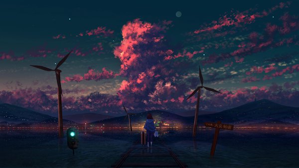 Anime picture 1920x1080 with original shuu illust single long hair highres brown hair wide image holding sky cloud (clouds) full body outdoors barefoot from behind evening mountain walking scenic city lights shoes removed
