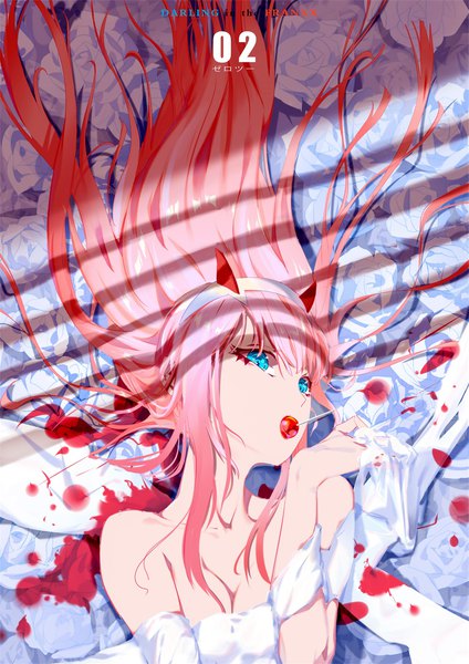 Anime picture 1403x1984 with darling in the franxx studio trigger zero two (darling in the franxx) ya yan single long hair tall image fringe breasts blue eyes light erotic bare shoulders pink hair cleavage upper body lying on back copyright name character names girl