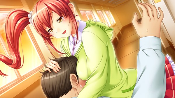 Anime picture 1024x576 with papa love 2kenme long hair breasts open mouth light erotic wide image yellow eyes game cg ponytail red hair side ponytail breast press sexual harassment girl uniform school uniform