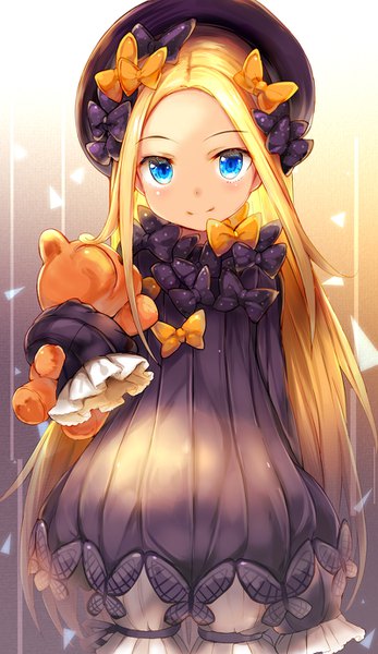 Anime picture 800x1382 with fate (series) fate/grand order abigail williams (fate) umagenzin single long hair tall image looking at viewer blue eyes blonde hair smile standing girl dress bow hair bow hat black dress toy stuffed animal