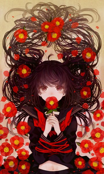 Anime picture 600x1000 with original amanen_t single long hair tall image looking at viewer holding purple hair girl navel flower (flowers) petals serafuku thread red thread camellia (flower)