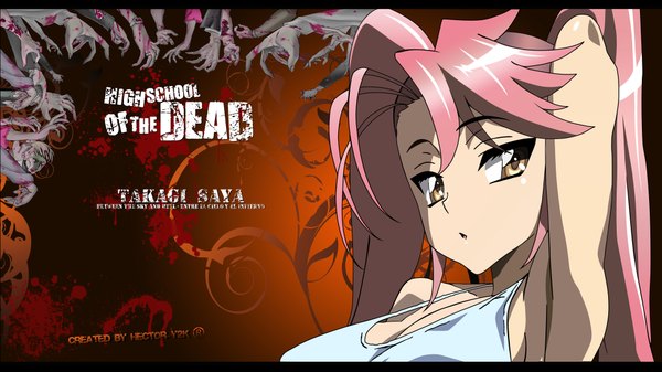 Anime picture 1920x1080 with highschool of the dead madhouse takagi saya hector (artist) highres light erotic wide image twintails yellow eyes pink hair arms behind head girl hands