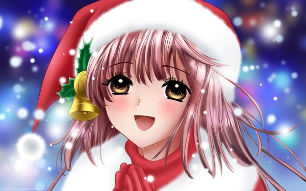 Anime picture 2560x1600 with kobato clamp hanato kobato single highres wide image fur trim snowing christmas winter face girl hat fur bell santa claus hat