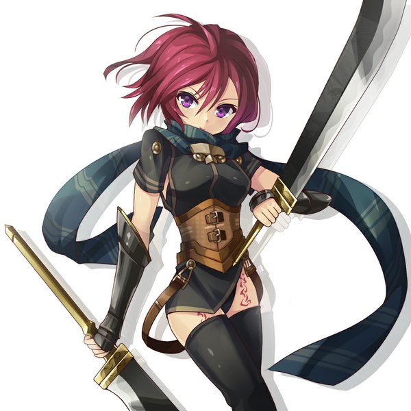 Anime picture 1000x1000 with star ocean nel zelpher yato (pondel) single short hair simple background white background purple eyes red hair tattoo girl thighhighs weapon black thighhighs sword scarf