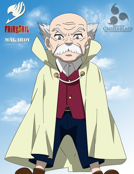 Anime picture 1209x1565 with fairy tail makarov dreyar cruzerblade single tall image short hair sky cloud (clouds) white hair inscription grey eyes coloring bald boy pants cloak mustache