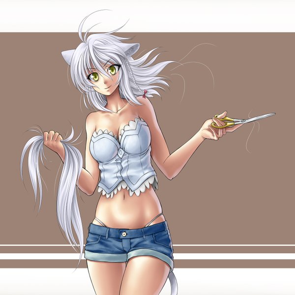 Anime picture 1500x1500 with dog days leonmitchelli galette des rois rxgdo (artist) single short hair light erotic simple background animal ears yellow eyes cleavage ahoge white hair animal tail midriff girl navel shorts scissors