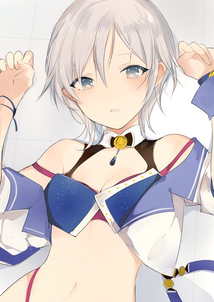 Anime picture 650x918 with original lpip single tall image looking at viewer blush fringe short hair light erotic hair between eyes cleavage lying parted lips grey hair bare belly :o grey eyes spread arms girl navel