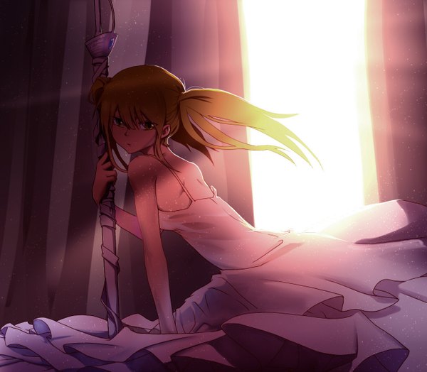 Anime picture 1351x1181 with original exe336 single long hair looking at viewer fringe blonde hair sitting twintails bare shoulders yellow eyes indoors sunlight arm support shadow leaning leaning forward backlighting girl dress