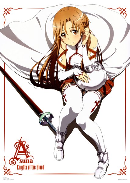Anime picture 3640x5115 with sword art online a-1 pictures yuuki asuna single long hair tall image looking at viewer blush highres smile brown hair brown eyes absurdres girl thighhighs weapon detached sleeves white thighhighs sword