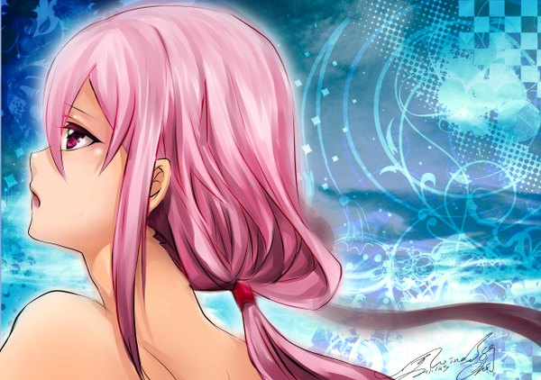 Anime picture 4960x3496 with guilty crown production i.g yuzuriha inori single long hair highres open mouth red eyes bare shoulders pink hair absurdres girl
