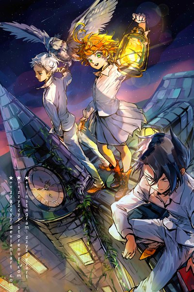 Anime picture 720x1080 with yakusoku no neverland cloverworks emma (yakusoku no neverland) norman (yakusoku no neverland) ray (yakusoku no neverland) zzyzzyy tall image fringe short hair open mouth black hair holding green eyes silver hair ahoge :d pleated skirt hair over one eye orange hair night