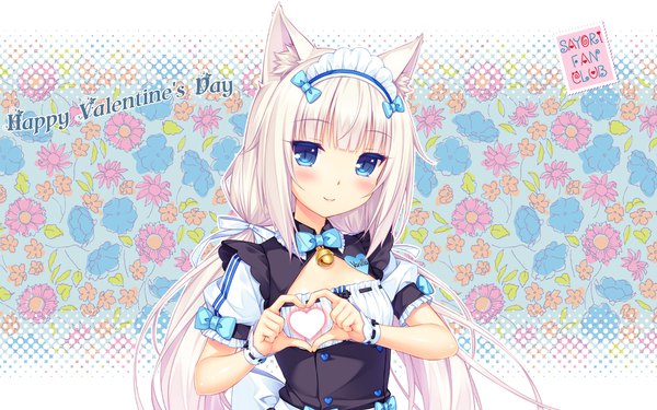 Anime picture 1920x1200 with neko paradise neko works (studio) vanilla (nekopara) sayori single long hair looking at viewer blush highres blue eyes smile twintails animal ears white hair cat ears maid cat girl low twintails valentine floral background
