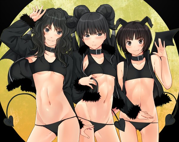 Anime picture 1548x1227 with amagami ayatsuji tsukasa tanamachi kaoru tachibana miya santa (sunflower) long hair blush short hair light erotic black hair smile multiple girls horn (horns) black eyes demon girl demon tail girl navel underwear panties