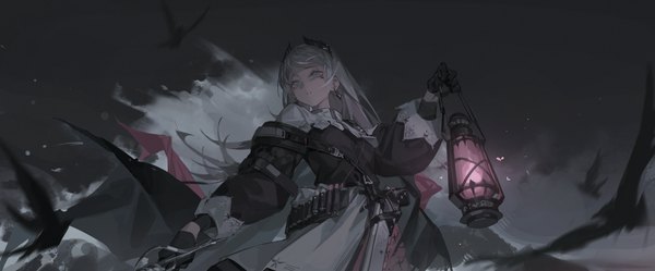 Anime picture 3408x1415 with arknights irene (arknights) alov single long hair fringe highres wide image standing holding looking away silver hair blunt bangs parted lips horn (horns) silver eyes girl gloves earrings black gloves