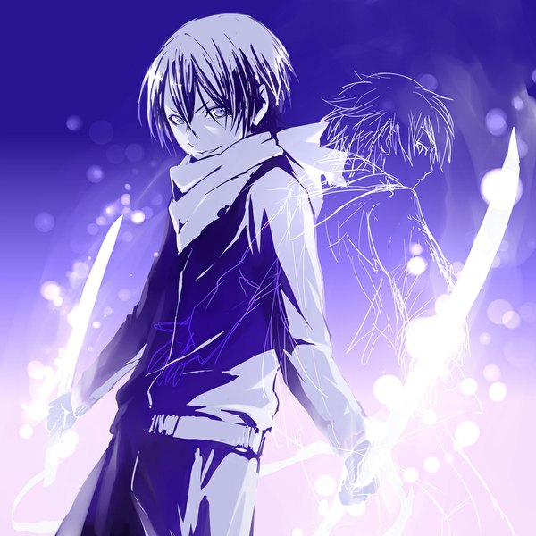 Anime picture 1000x1000 with noragami studio bones yato (noragami) single looking at viewer fringe short hair smile standing purple eyes holding glowing dual wielding glowing weapon boy uniform weapon sword katana gym uniform