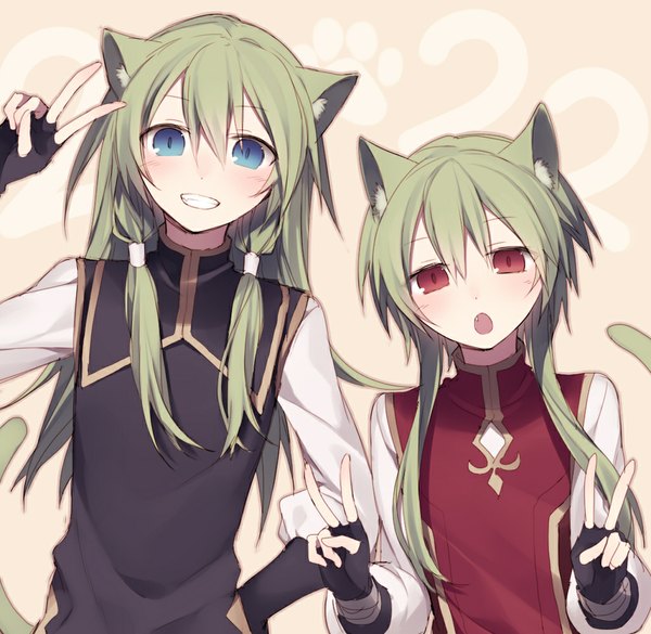 Anime picture 1024x999 with original hijiri (resetter) long hair looking at viewer blush open mouth blue eyes smile red eyes animal ears tail animal tail green hair cat ears multiple boys cat tail fang (fangs) couple victory androgynous