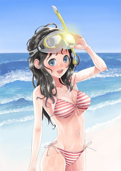 Anime picture 794x1123 with original hirano (fireworks) single long hair tall image looking at viewer blush breasts open mouth blue eyes light erotic black hair beach girl swimsuit bikini sea diving mask