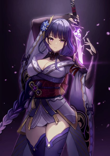 Anime picture 868x1228 with genshin impact raiden shogun jori single long hair tall image looking at viewer fringe breasts light erotic large breasts purple eyes cleavage purple hair blunt bangs braid (braids) traditional clothes japanese clothes single braid expressionless