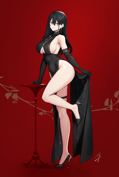 Anime picture 1067x1587 with original classy-black-haired girl (hayabusa) hayabusa single long hair tall image fringe breasts light erotic black hair hair between eyes large breasts standing purple eyes bare shoulders cleavage full body bent knee (knees) traditional clothes mole
