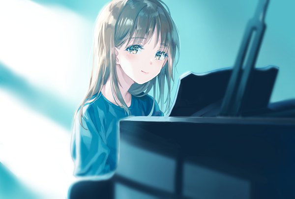 Anime picture 2098x1417 with original suzumi konbu single long hair looking at viewer blush fringe highres smile brown hair yellow eyes payot upper body blurry depth of field girl musical instrument piano