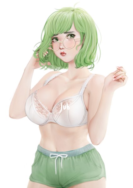 Anime picture 1920x2716 with original momo (jubi) jubi (regiana) single tall image fringe highres short hair breasts light erotic white background green eyes signed looking away cleavage upper body fingernails green hair realistic arms up